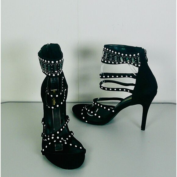 Jolimall Shoes - JOLIMALL WOMEN BLACK STRAPPY PEARL & RHINESTONE HEELS. SIZE 11